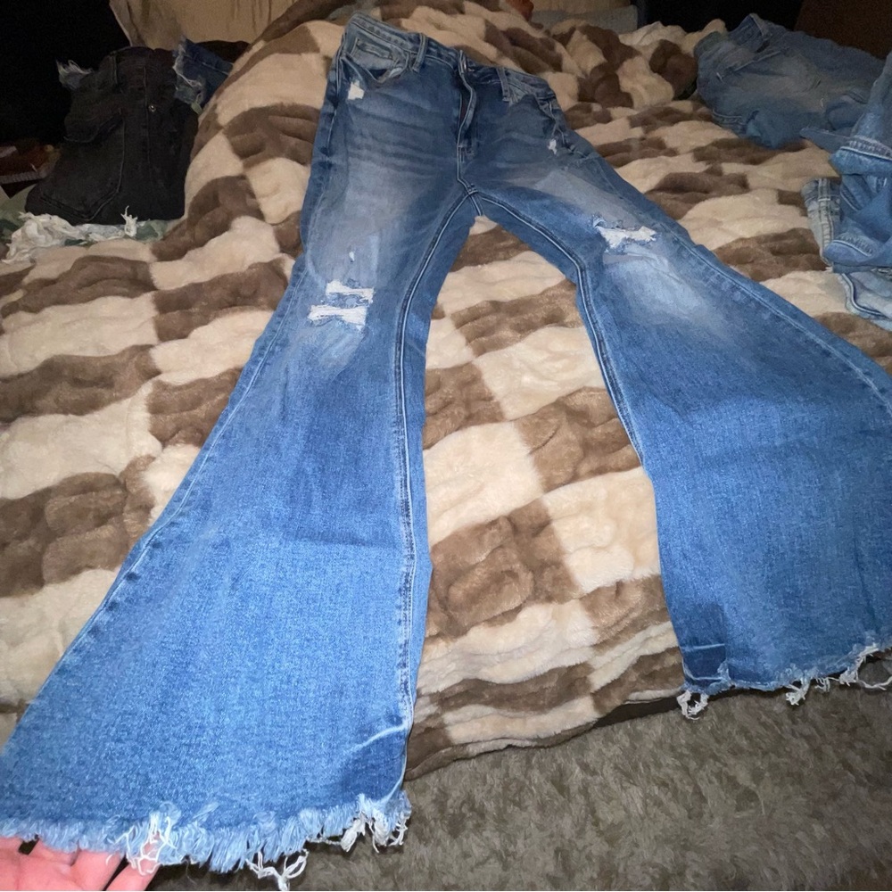 Frayed Hem Flare Jeans in Classic Blue